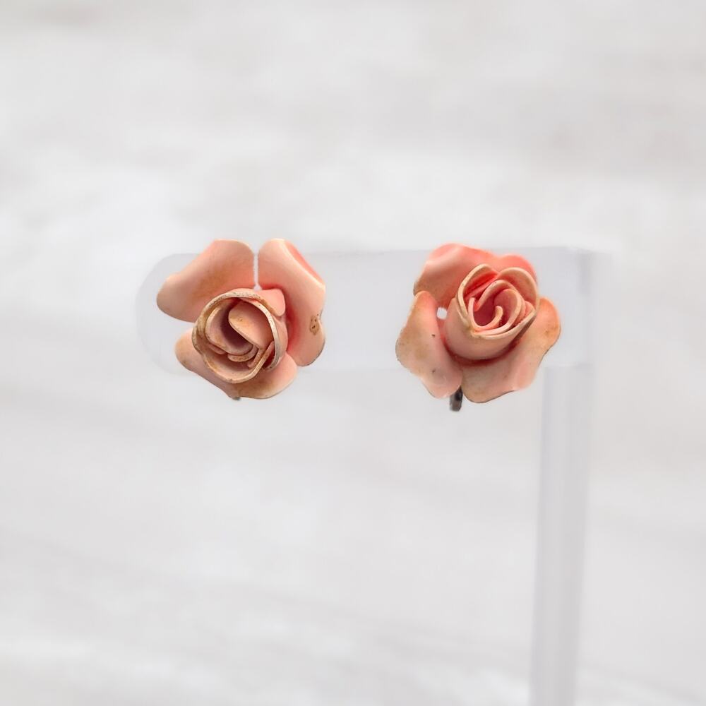 Vintage Screw On Earrings Peach-ish Pinky Tone Rose Flower Floral Whimsical